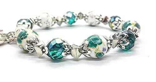 Green Crystals Cross Bracelet Christian Classic Beaded Bangle