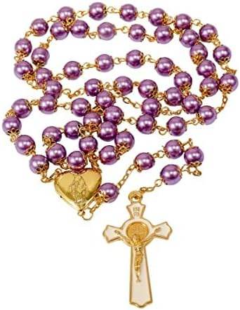 Purple Pearl Beads Rosary Necklace with Gold Prayer Chaplet, Miraculous Open Up Locket Centerpiece Medal, White Enamel Cross - Nazareth Store