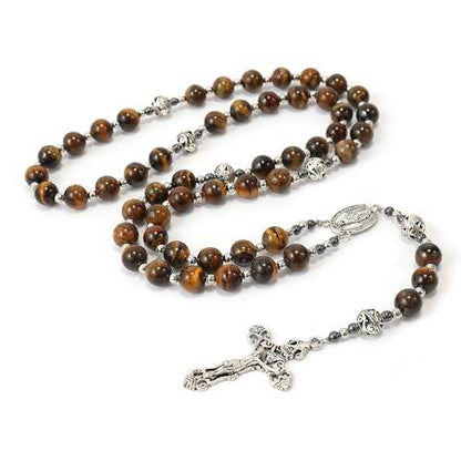 Brown Tiger Eye Stone Beads Rosary Necklace with Miraculous Medal & Silver Cross - Nazareth Store