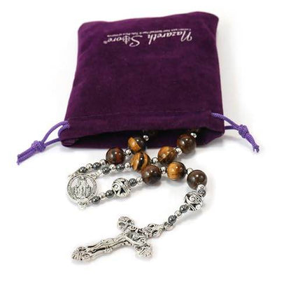 Brown Tiger Eye Stone Beads Rosary Necklace with Miraculous Medal & Silver Cross - Nazareth Store