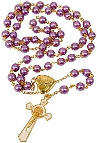 Purple Pearl Beads Rosary Necklace with Gold Prayer Chaplet, Miraculous Open Up Locket Centerpiece Medal, White Enamel Cross - Nazareth Store