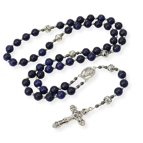 Blue Lapis Lazuli Beads Rosary Necklace with Miraculous Medal Nazareth Store