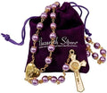 Purple Pearl Beads Rosary Necklace with Gold Prayer Chaplet, Miraculous Open Up Locket Centerpiece Medal, White Enamel Cross Nazareth Store