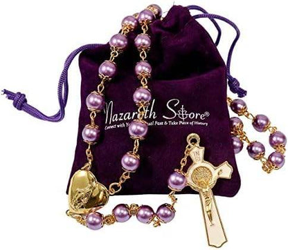 Purple Pearl Beads Rosary Necklace with Gold Prayer Chaplet, Miraculous Open Up Locket Centerpiece Medal, White Enamel Cross - Nazareth Store