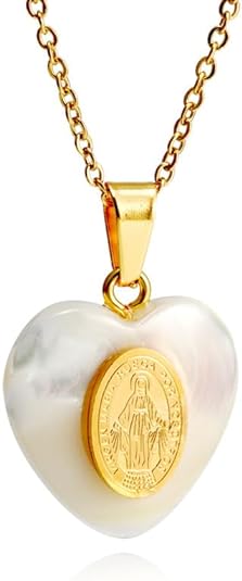 18K Gold Plated Mother of Pearl Pendant Dainty St. Michael, St. Benedict Medal Gold Chain Necklace Nazareth Store