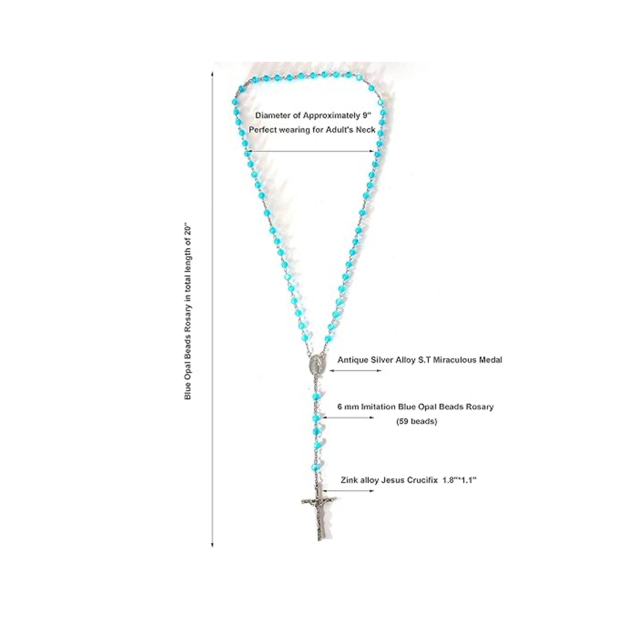 Light Blue 7mm Round Beads Turquoise Cat Eye Stone Miraculous Medal with Crucifix - Nazareth Store