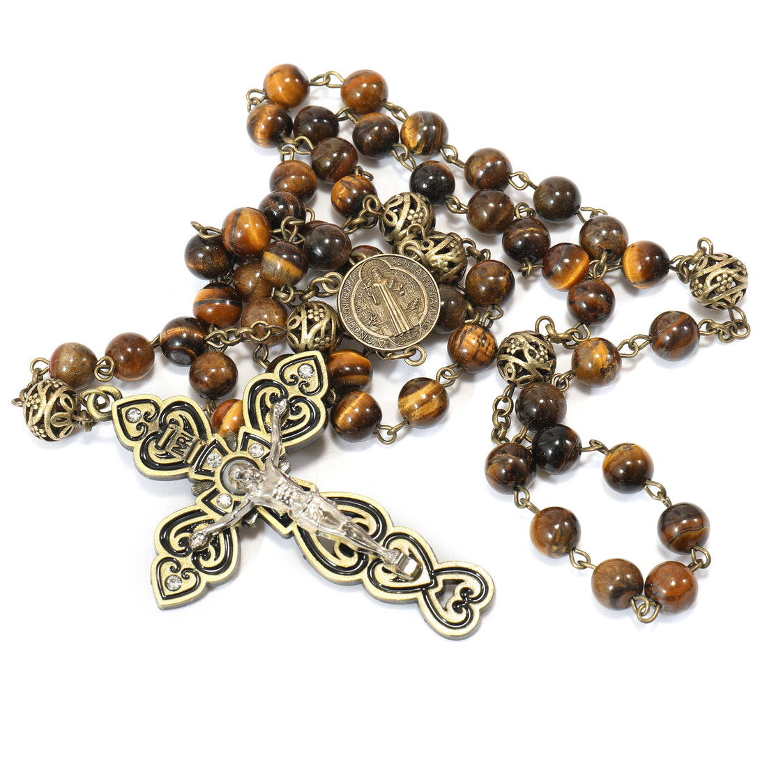 Tiger Eye Natural Stone Beaded Rosary Antique Brass Chaplets Cross Necklace Nazareth Store