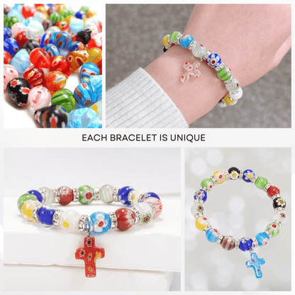Colorful Agate Stone Beads Bracelet Rosary Hanging Cross