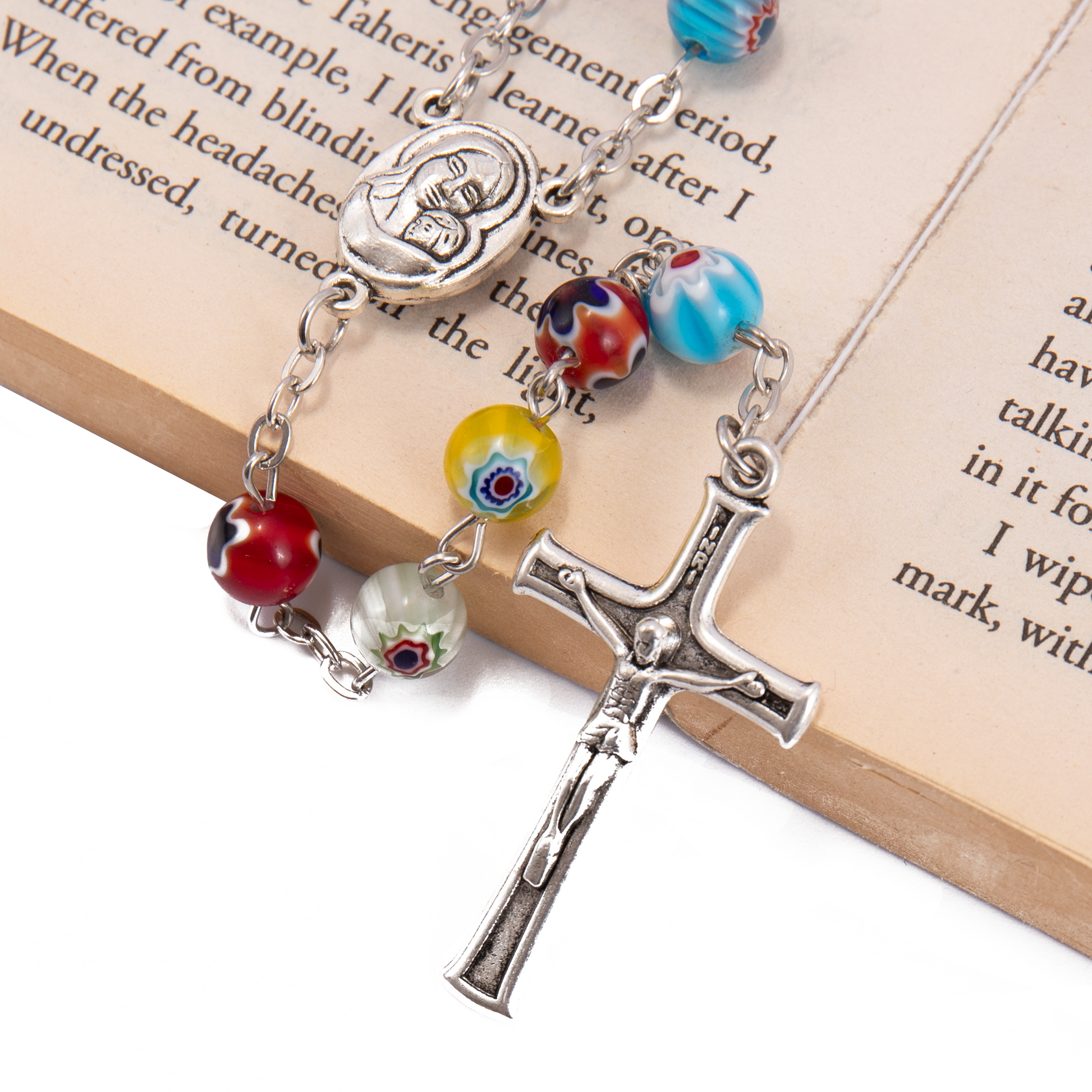 Colorful Murano Glass Rosary Necklace with Holy Soil Medal and Cross Nazareth Store