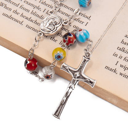 Colorful Murano Glass Rosary Necklace Millefiori Beads Rosary Holy Soil Medal and Cross - Nazareth Store