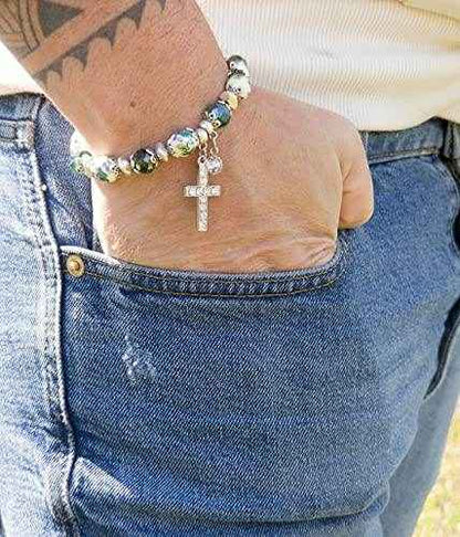 Green Crystals Rosary Beads Bracelet Christian Classic Beaded Bangle with Cross - Nazareth Store