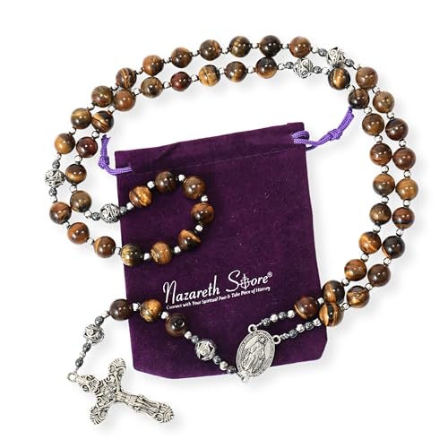Brown Tiger Eye Stone Beads Rosary Necklace with Metal Beaded Glory Beads, Miraculous Medal & Silver Cross Nazareth Store