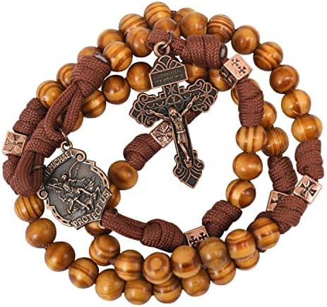 Strong Corded Wooden Beads Paracord Rugged Rosary Necklace with St.Michael Medal and Pardon Crucifix Nazareth Store