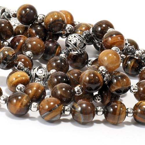 Brown Tiger Eye Stone Beads Rosary Necklace with Miraculous Medal & Silver Cross - Nazareth Store
