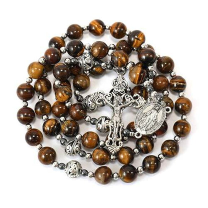 Brown Tiger Eye Stone Beads Rosary Necklace with Miraculous Medal & Silver Cross - Nazareth Store
