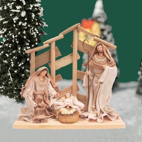 Pine Wood Nativity Set Holy Family in Cotton Fabric Clothes 12" Resin Figurine Nazareth Store