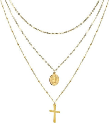 14K Gold Plated Layered Cross Necklace with Saint Benedict Medal Protection Amulet Chain Nazareth Store