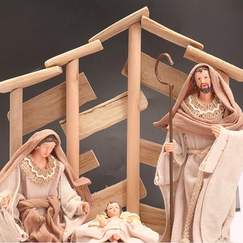 Pine Wood Nativity Set Holy Family in Cotton Fabric Clothes 14" Resin Figurine (Copy) Nazareth Store