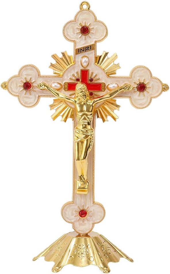 Golden Jesus Cross Standing Tabletop INRI Crucifix with Red Crystallized Glass and White Pearl Enamel Nazareth Store