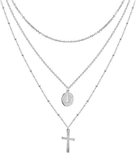Silver Plated Layered Cross Necklaces 18" with St Benedict Medal Protection Chain Nazareth Store