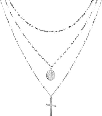 Silver Plated Layered Cross Necklaces 18" with St Benedict Medal Protection Chain Nazareth Store