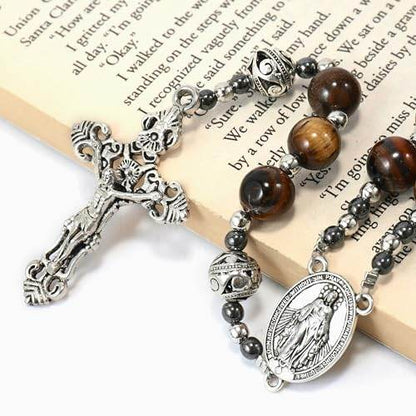 Brown Tiger Eye Stone Beads Rosary Necklace with Miraculous Medal & Silver Cross - Nazareth Store