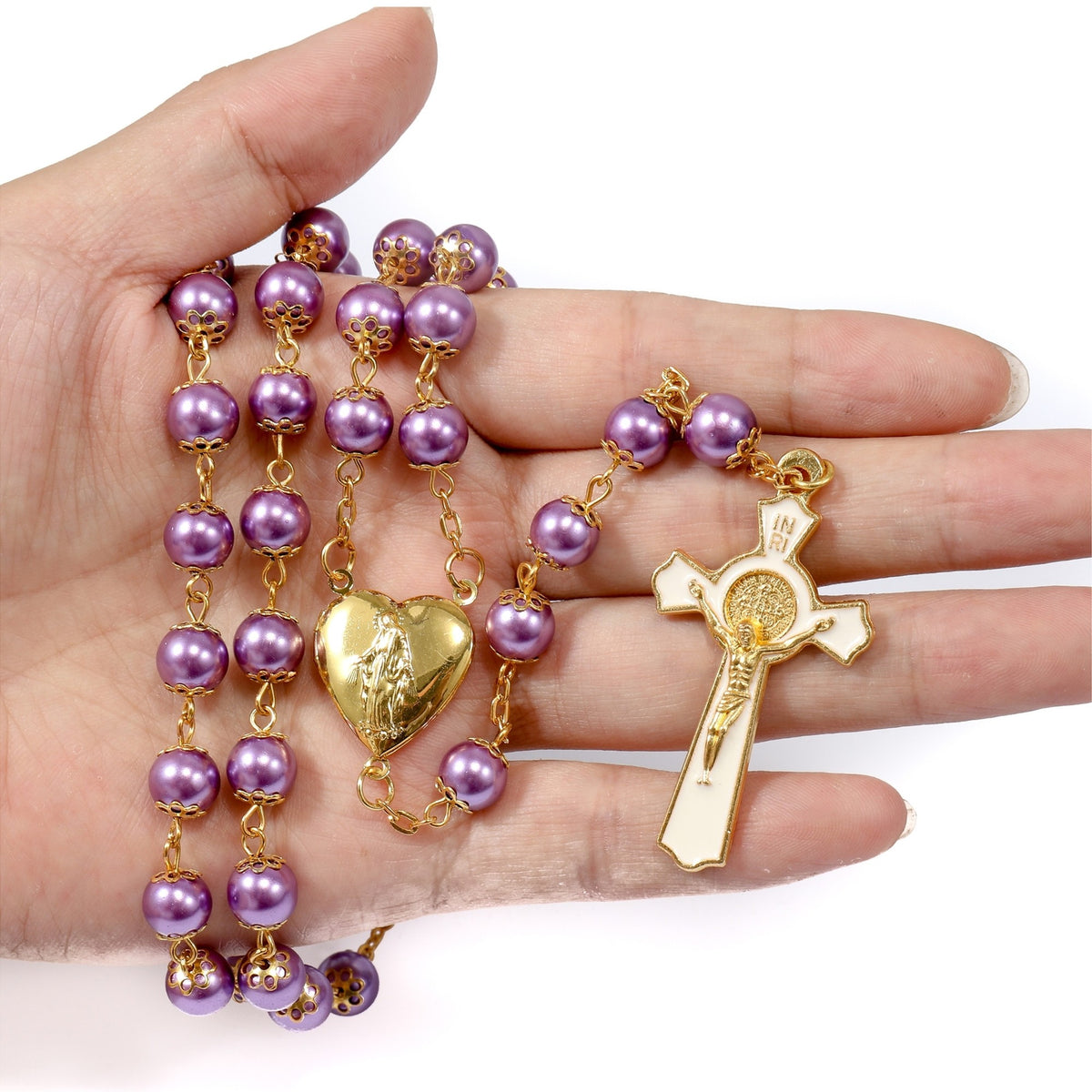Purple Pearl Beads Rosary Necklace with Gold Prayer Chaplet, Miraculous Open Up Locket Centerpiece Medal, White Enamel Cross - Nazareth Store