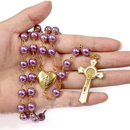 Purple Pearl Beads Rosary Necklace with Gold Prayer Chaplet, Miraculous Open Up Locket Centerpiece Medal, White Enamel Cross - Nazareth Store