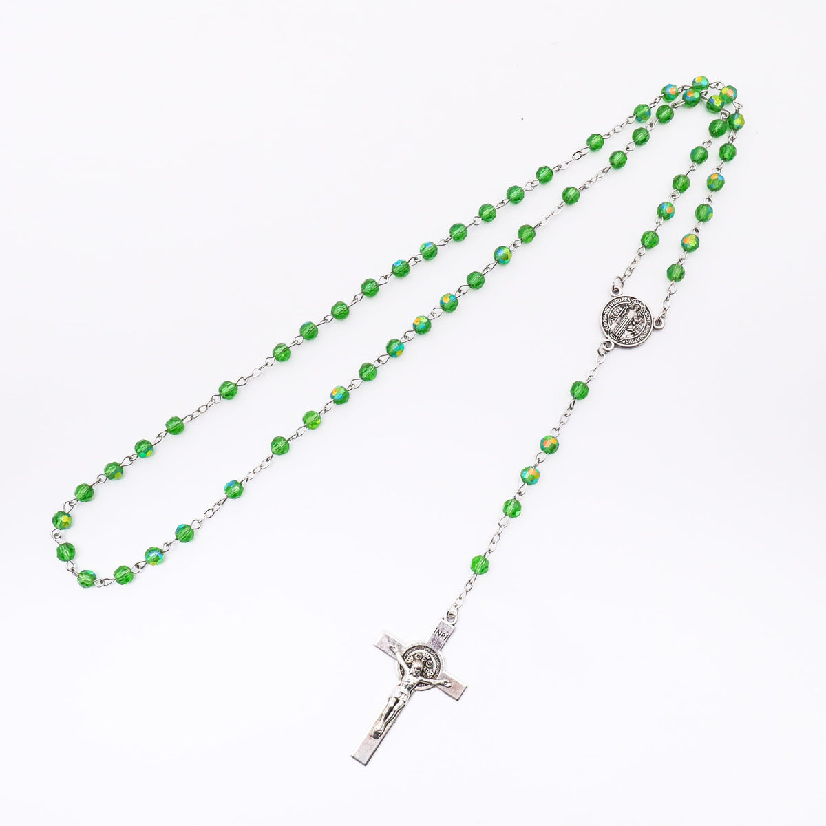  Green Crystallized Glass Beads Rosary Necklace with St Benedict Medal & Crucifix Handmade Christian Prayer Beads for Men & Women Catholic Religious Gift