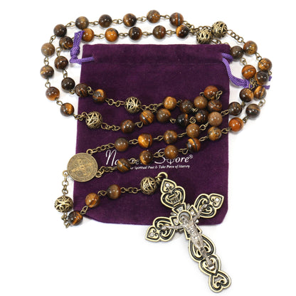Tiger Eye Natural Stone Beaded Rosary Antique Brass Chaplets Cross Necklace - Nazareth Store