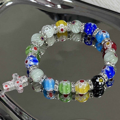 Colorful Agate Stone Beads Bracelet Rosary Hanging Cross
