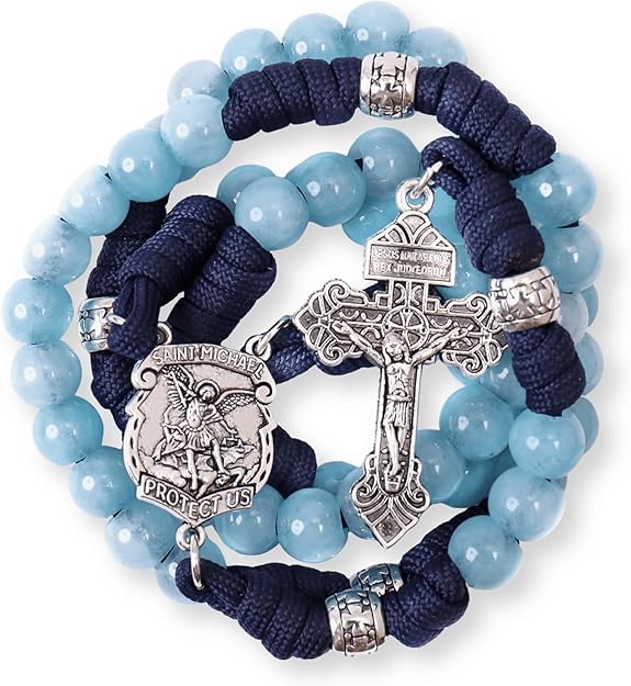 Aquamarine One Decade Rosary Beads Paracord Set St. Michael Necklace & St. Benedict - Nazareth Store