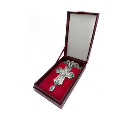 Green Crystals Bishop Pectoral Cross Silver Crystallized Zircons Clergy Crucifix 23"