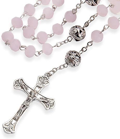 Pink Jade Crystal Beads Rosary Necklace St. Miraculous Medal & Cross Nazareth Store