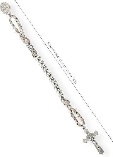 Silver Beads Brown Paracord Pocket Car Rosary St. Joseph Medal & St. Benedict Cross - Nazareth Store