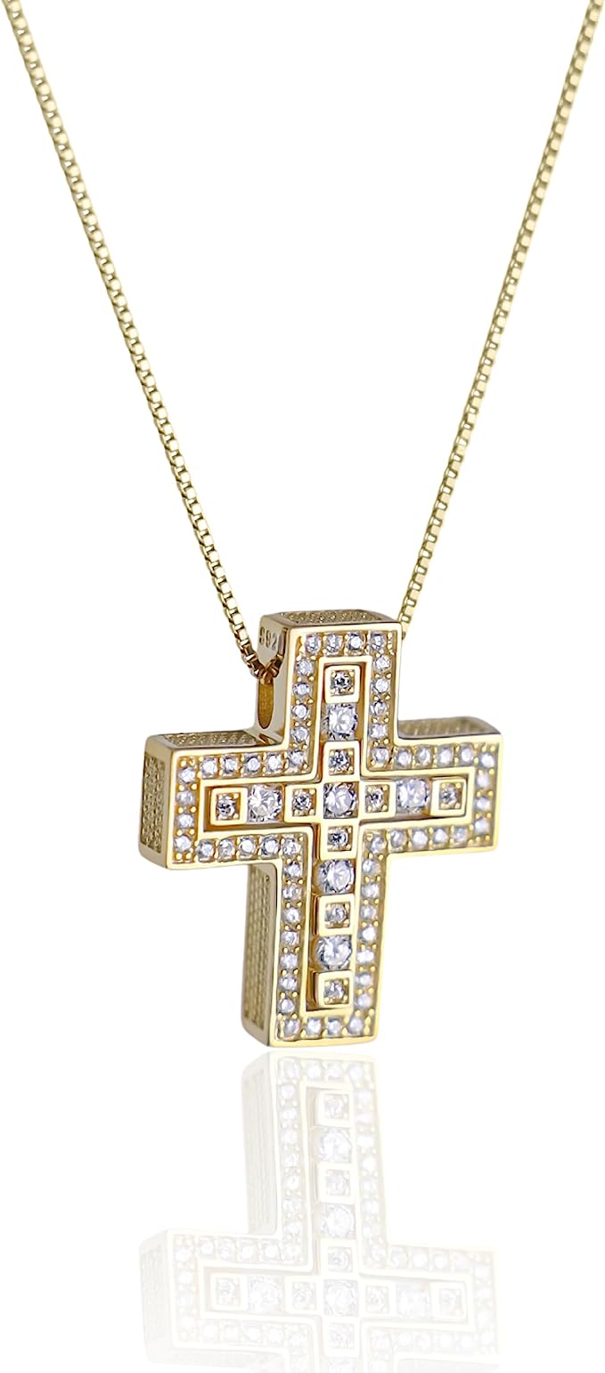 Sterling Silver Cross Pendant 18K Gold Plated Necklace Zirconia Stones Nazareth Store