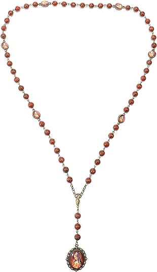 Red Coral Our Lady Sorrows Stone Beads Rosary Chaplet Necklace with Epoxy 7 Medallion Nazareth Store