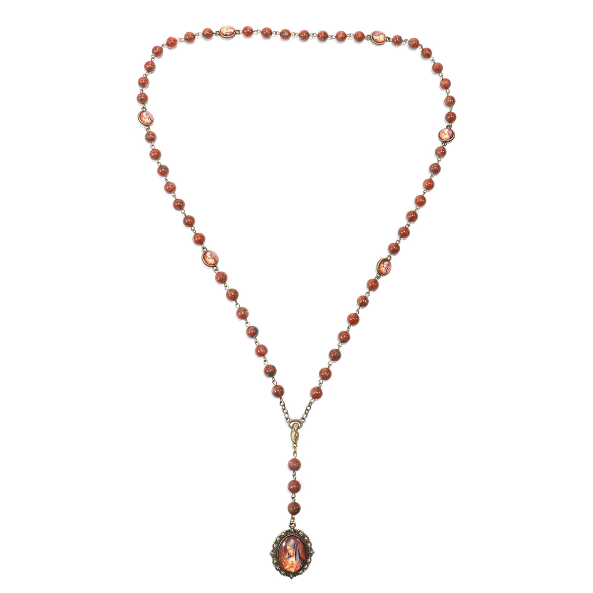 Red Coral Our Lady Sorrows Stone Beads Rosary Chaplet Necklace with Epoxy 7 Medallion - Nazareth Store