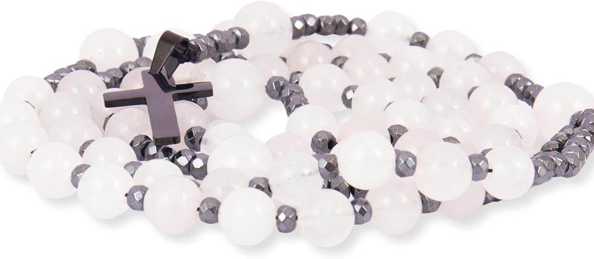 Hematite Stone Beaded Rosary Necklace with Black Metal Cross - Nazareth Store