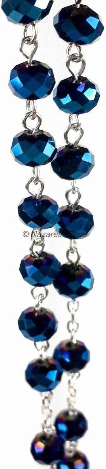 Deep Blue Crystal Beads Rosary Necklace Holy Soil Medal and Cross