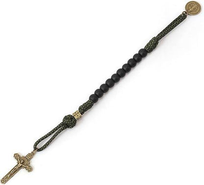 Antique Bronze One Decade Green Paracord Black Matte Beads St Benedict Cross Crucifix - Nazareth Store