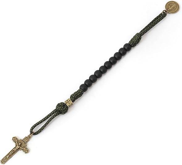 Antique Bronze One Decade Green Paracord Black Matte Beads St Benedict Cross Crucifix - Nazareth Store