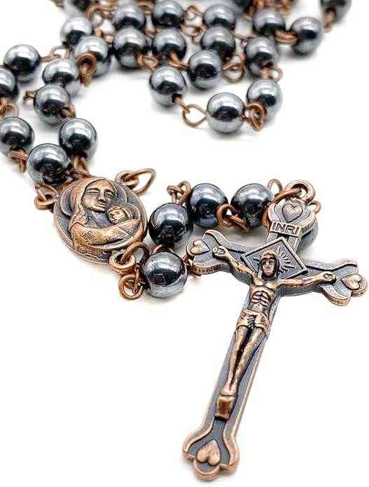 Black Hematite Rosary Stone Beads Handmade Chaplet Holy Soil Medal & Cross