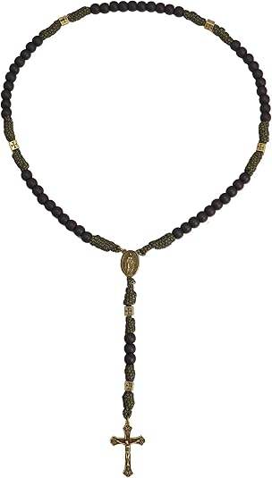 Antique Bronze Black Matte Prayer Beads Paracord Rosary Necklace with and Jesus Cross and Miraculous Medal - Nazareth Store