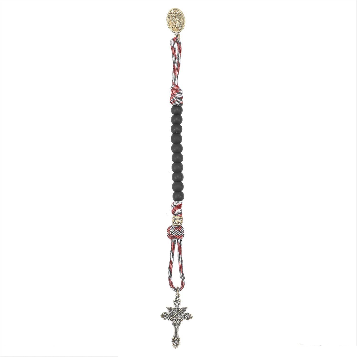 Black Beads Antique One Decade Paracord Rosary Pocket Car Rosary St Michael Medal & Archangel Cross - Nazareth Store
