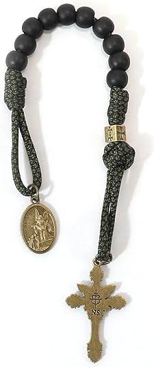 Antique Bronze One Decade Green Paracord Black Matte Beads St. Michael Cross Crucifix - Nazareth Store