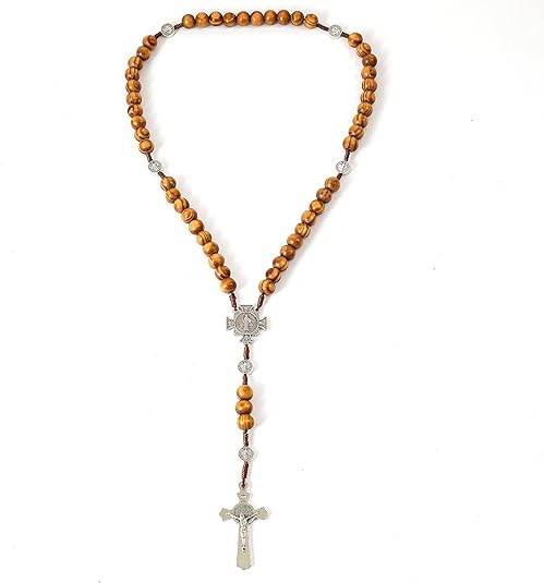 Wood Beads Rosary St. Benedict Solid Prayer Chaplet Silver Jesus Crucifix & Saint Medal - Nazareth Store