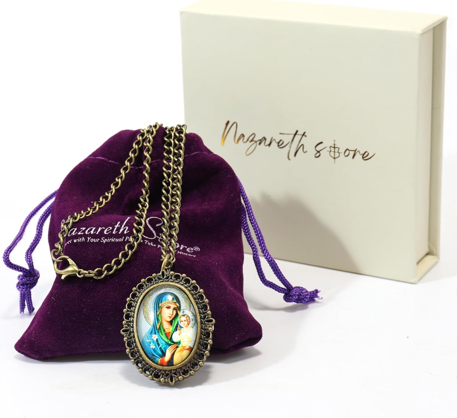 Christian Madonna and Jesus Icon Antique Bronze Pocket Watch Pendant Quartz Chain Necklace for Women & Men Nazareth Store