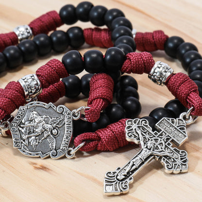 St.Michael Black Beads Red Paracord Rosary Rugged Beaded Pardon Cross - Nazareth Store