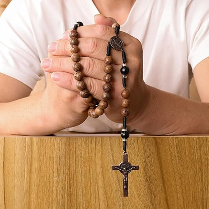  10mm olive and 10mm black wood mystery beads, this rosary offers a bold, strong design that’s perfect for men.